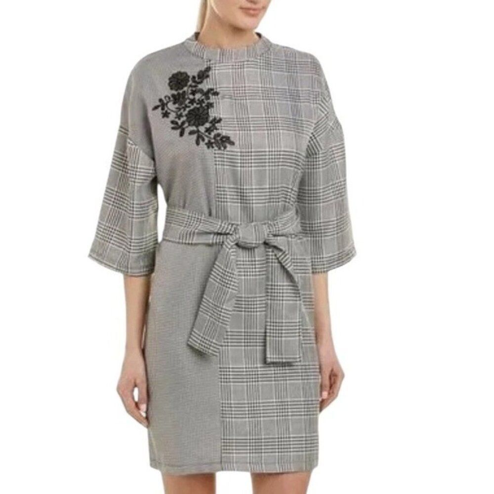 Zara Large Plaid High Neck Belted Black White Houndstooth Embroidered Dress